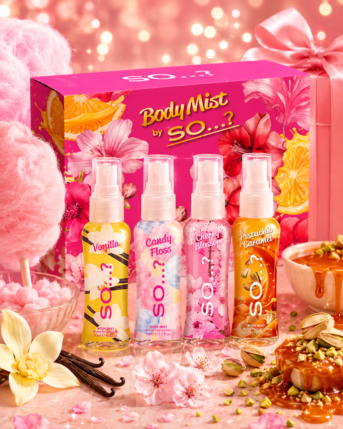Coffret 4 Brumes 50ml - Vanille, Barbe à Papa, Fleur de Cerisier, Caramel Pistache 🌸